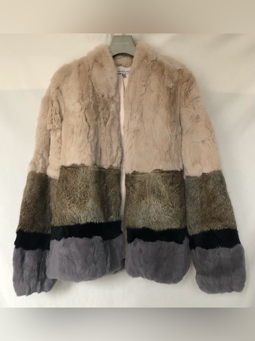 Heartloom Colorblock Rabbit Fur Jacket in Blush, Olive, Black and Gray